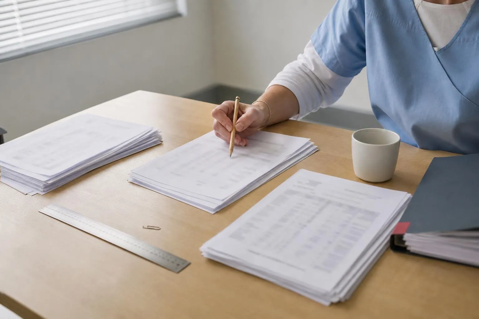 Liasse de releves d'activite imprimes etalee en trois piles sur une table de bureau de cabinet infirmier, une main tenant un crayon de papier