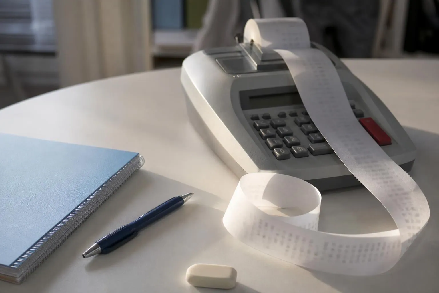 Calculatrice de bureau a bande papier posee sur une table claire, le ticket imprime deroule a cote d'un stylo et d'un carnet
