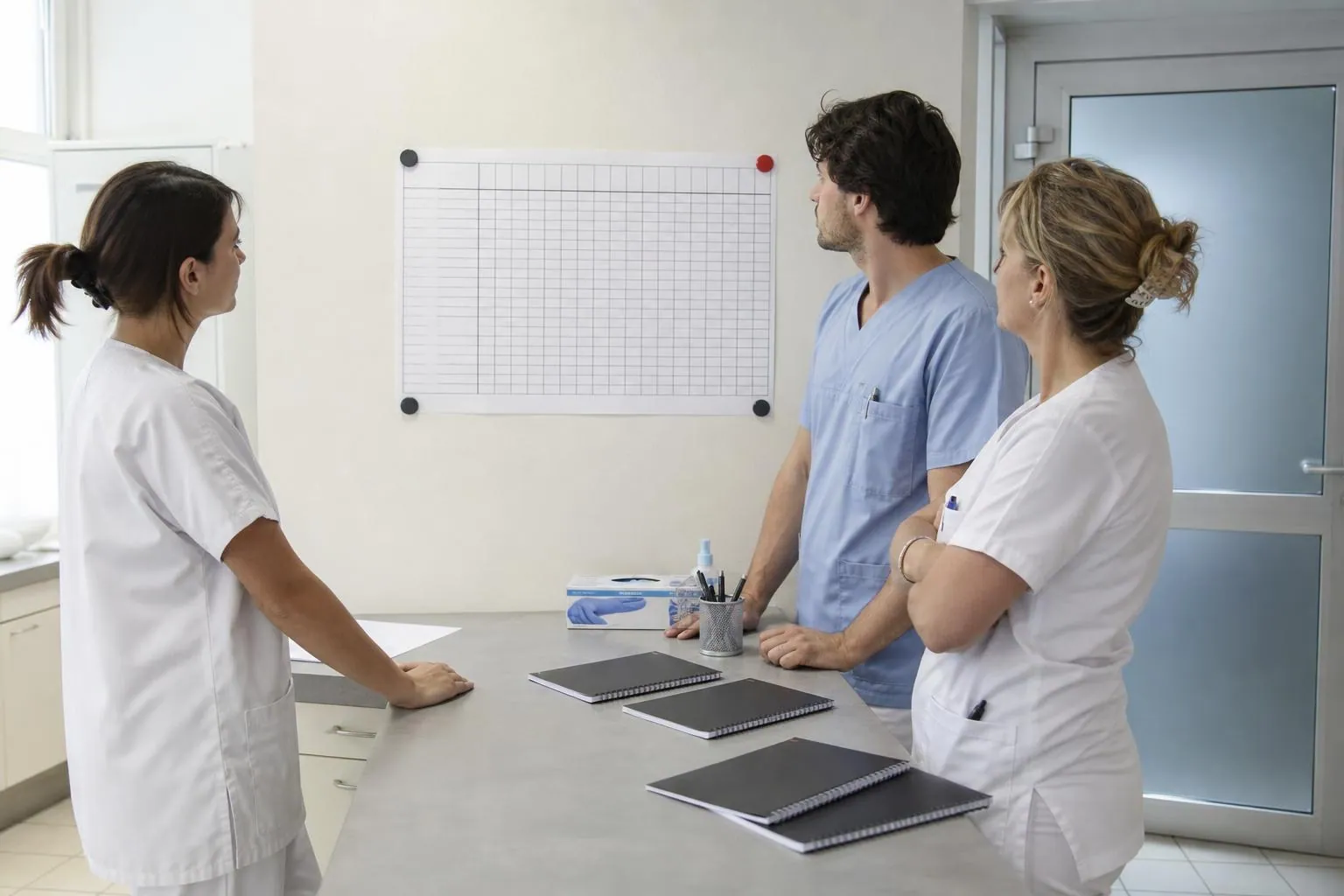 Trois soignants debout autour d'un plan de travail de cabinet de groupe, devant un planning de tournee papier fixe au mur avec des aimants de couleur
