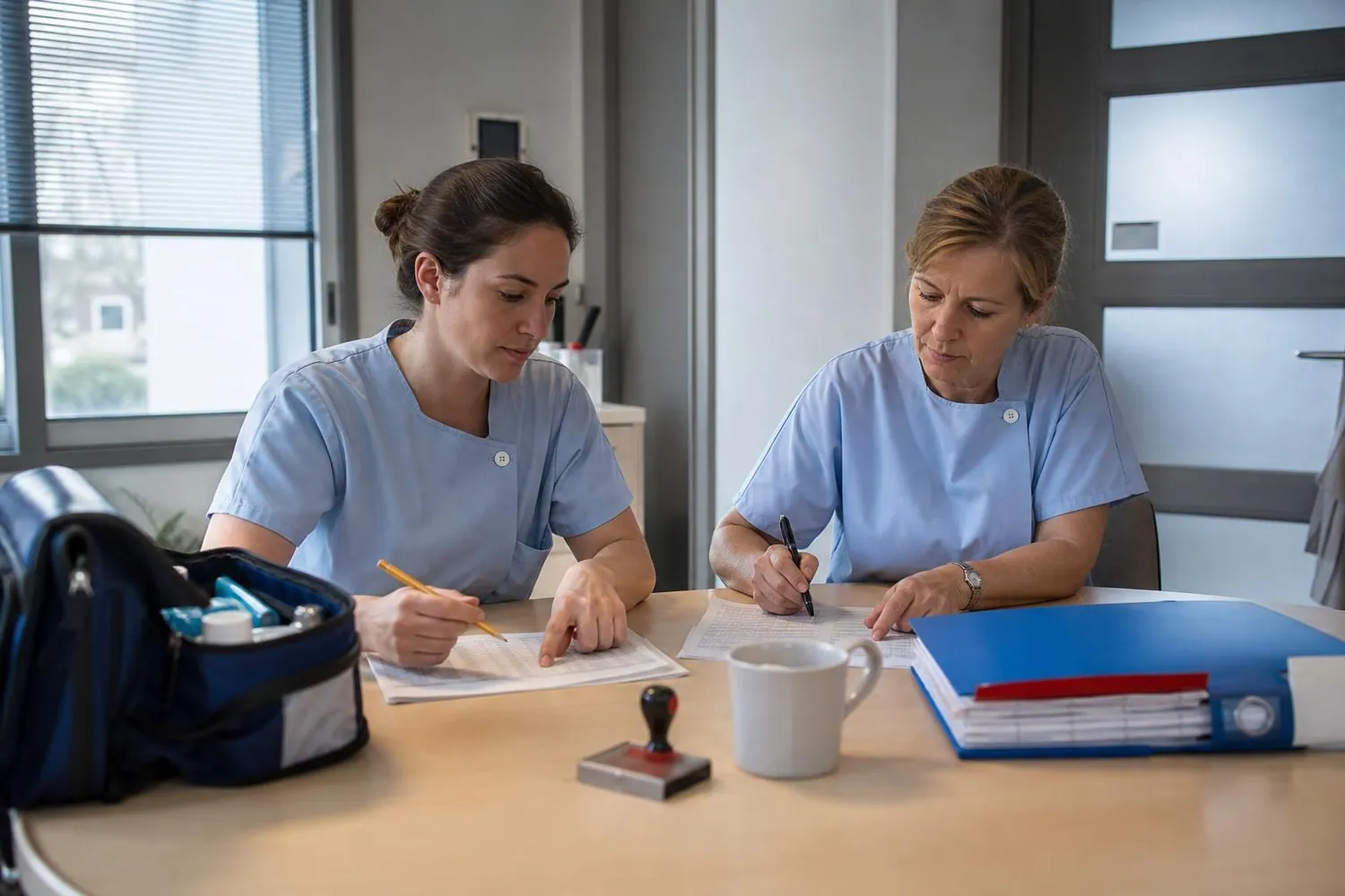 Deux infirmieres liberales assises a une table de bureau de cabinet, penchees sur des releves d'activite imprimes annotes au crayon